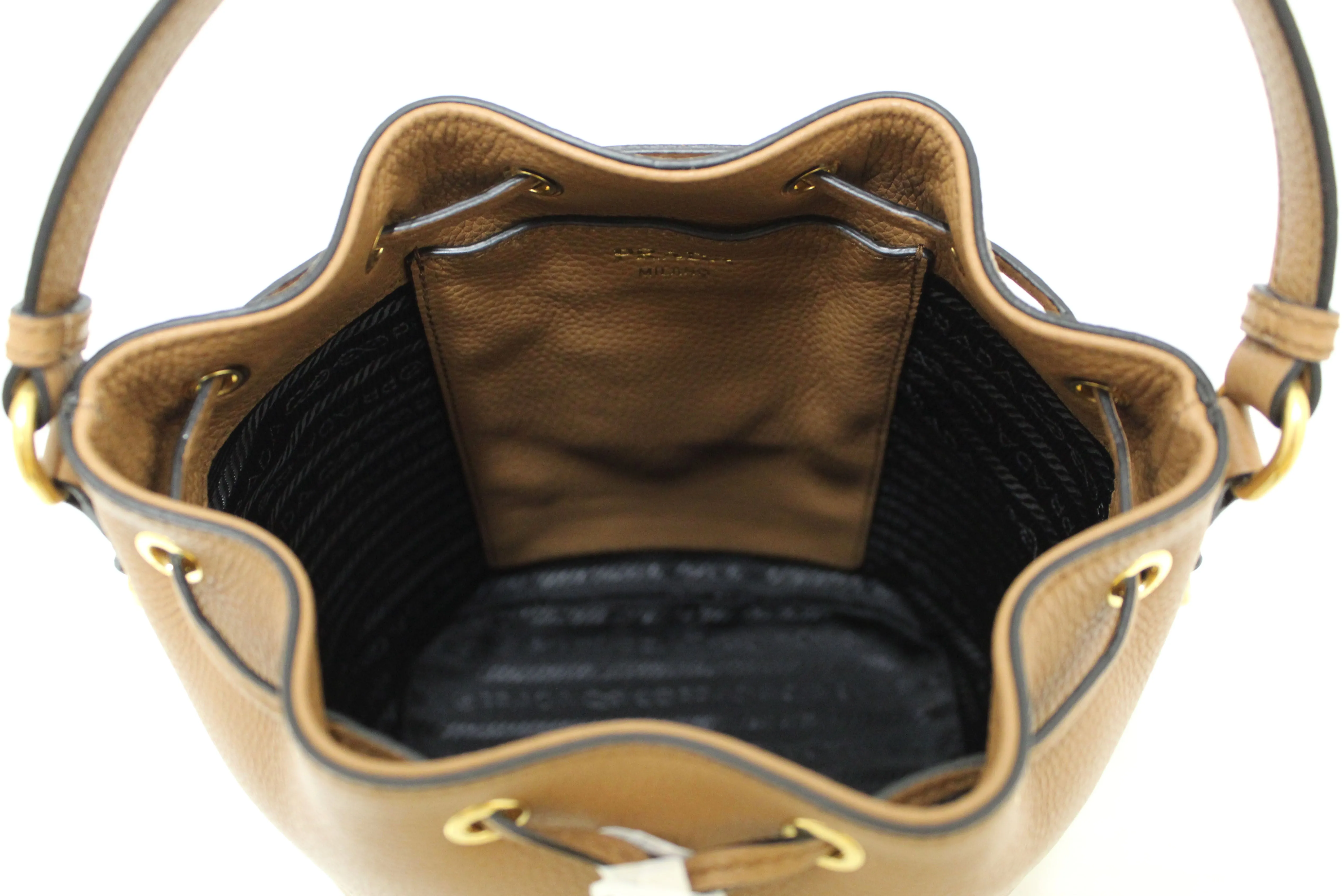 NEW Authentic Prada Brown Calf Leather Drawstring Bucket Messenger Bag