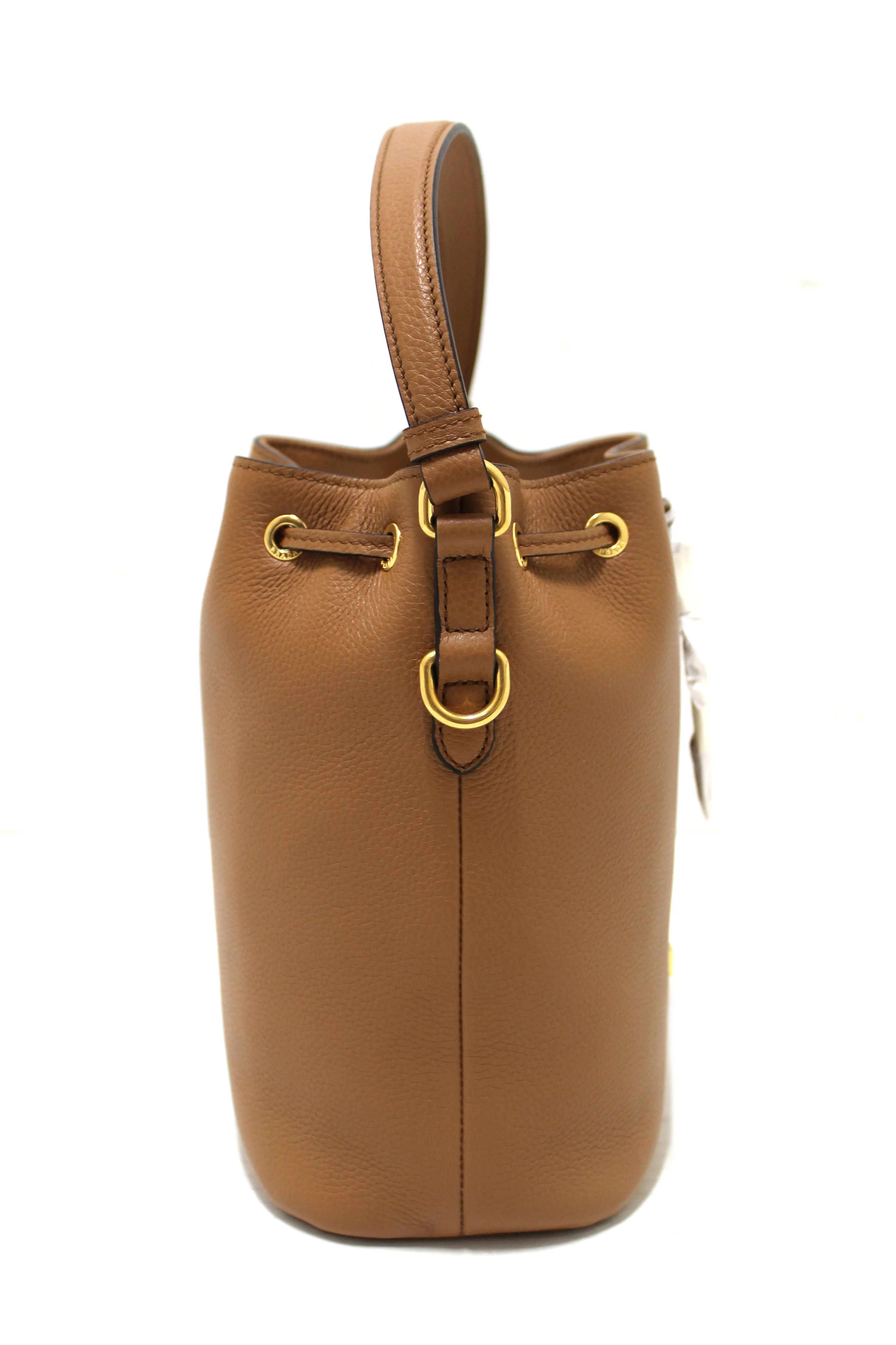 NEW Authentic Prada Brown Calf Leather Drawstring Bucket Messenger Bag