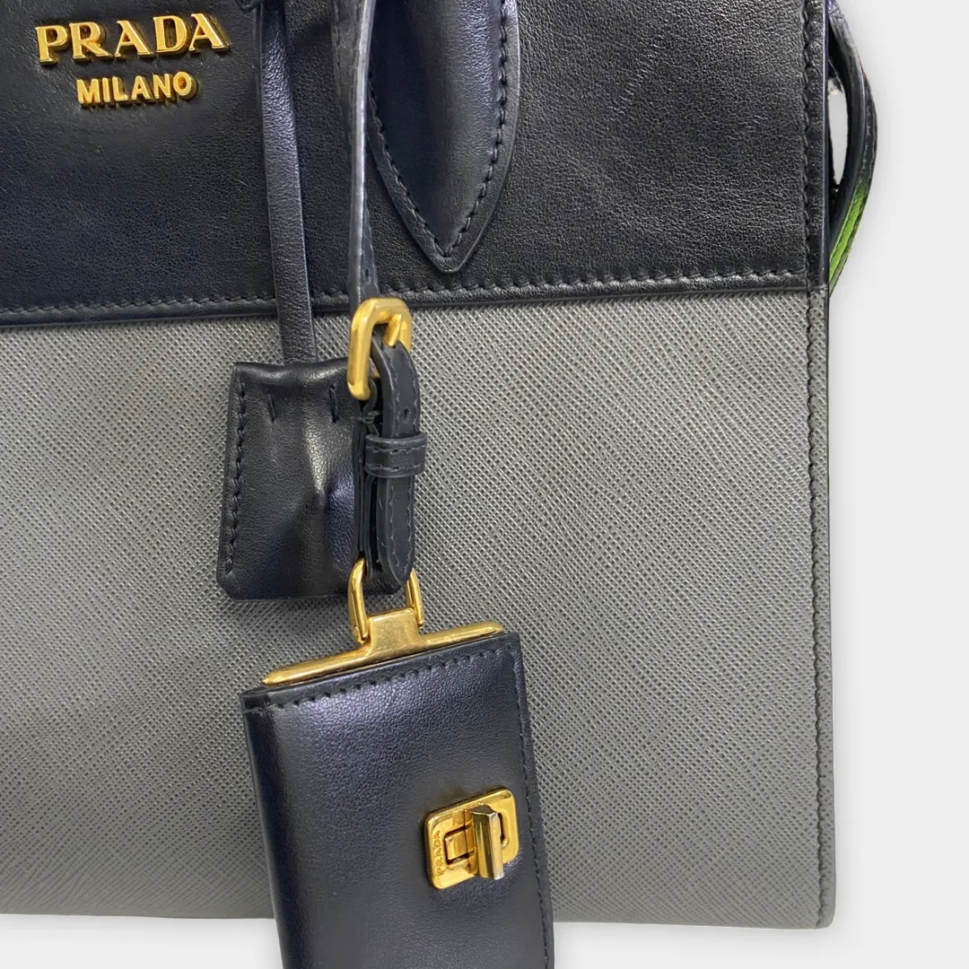 Prada Structured Grey And Black Leather Handbag