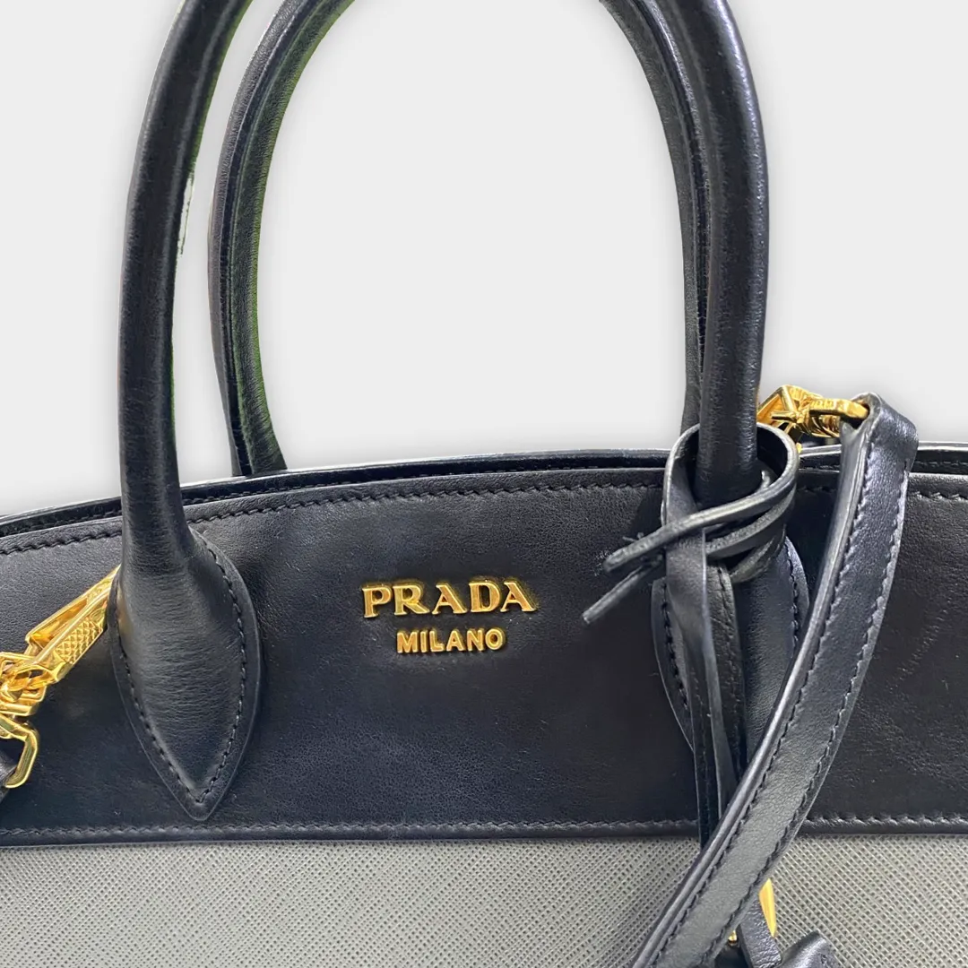 Prada Structured Grey And Black Leather Handbag
