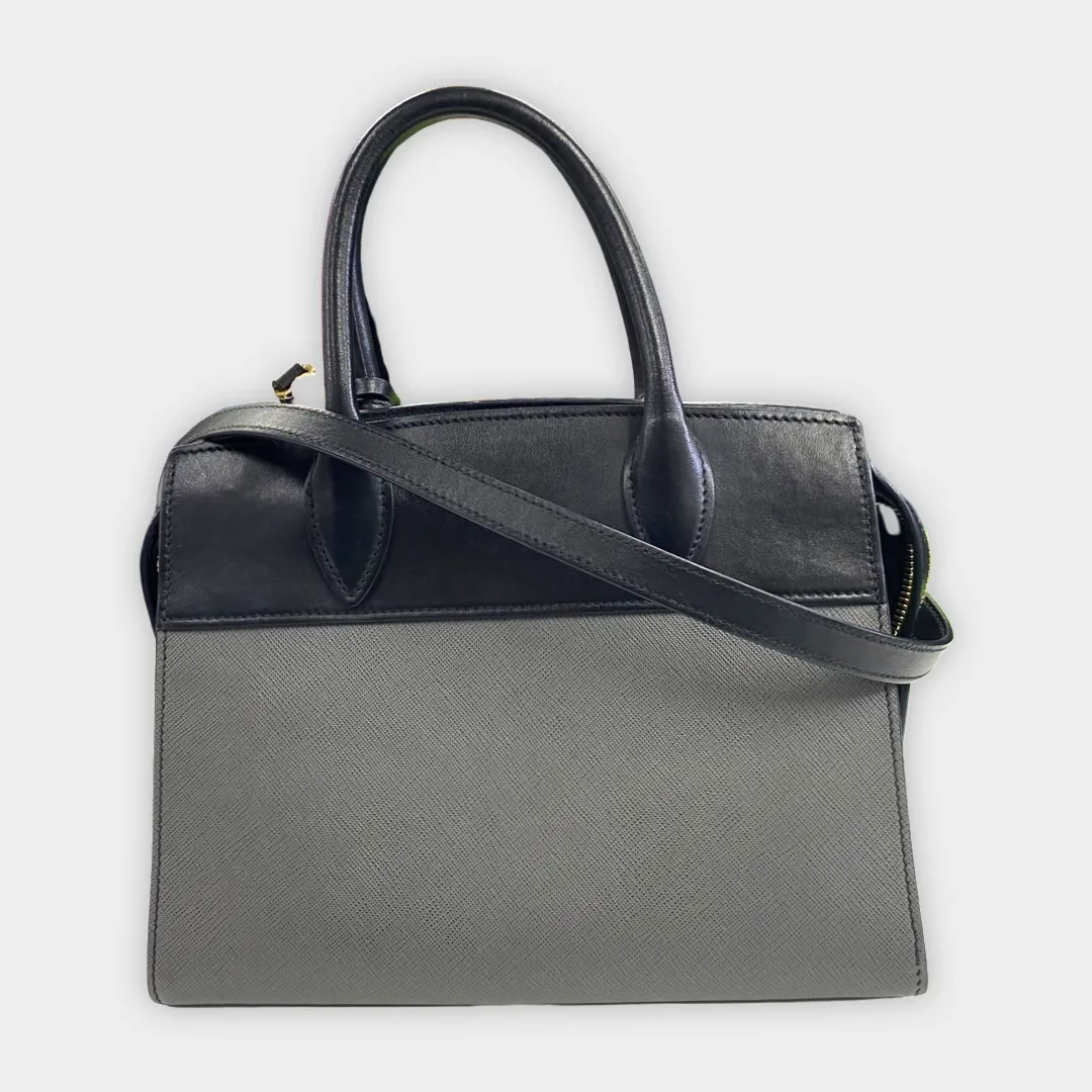 Prada Structured Grey And Black Leather Handbag