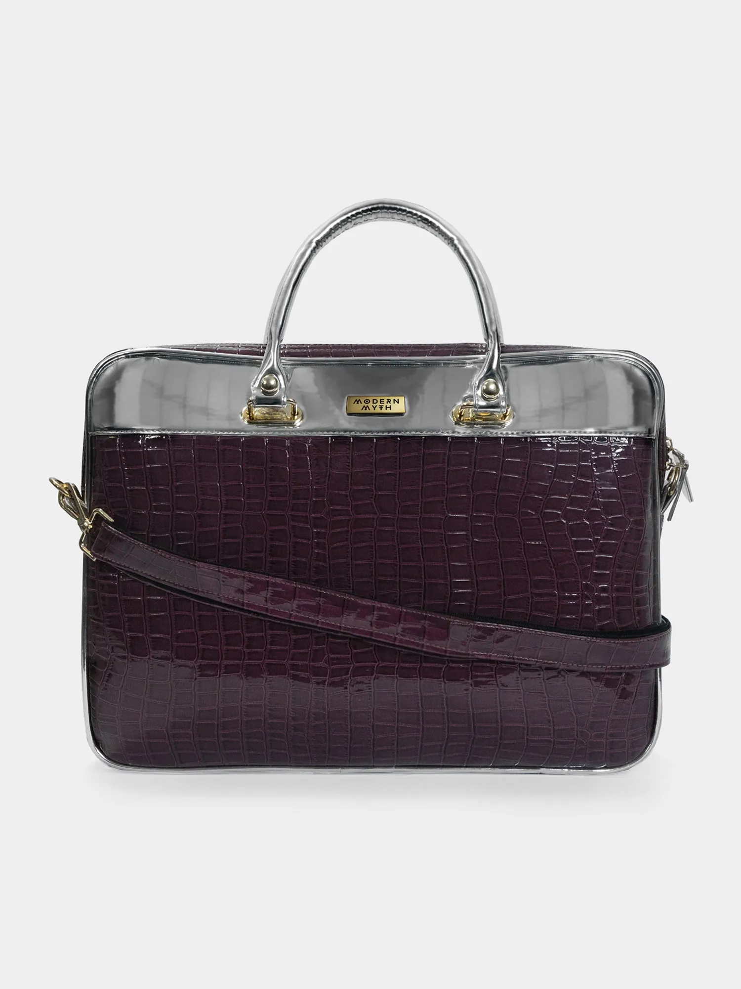 Rich Purple Crocodile Finish & Metallic Silver Laptop Sleeve Bag For Up To 15" Laptop/Macbook | Modern Myth