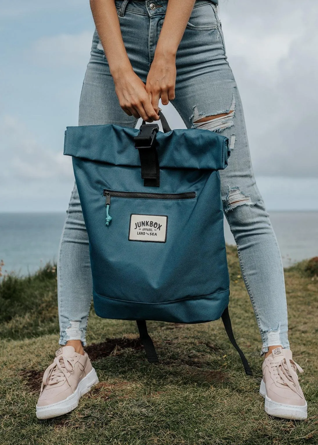 'The Adventurer' Recycled Roll-Top Backpack in Petrol Blue