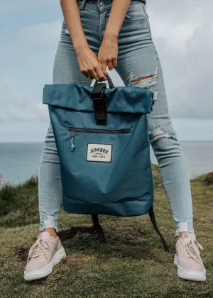 'The Adventurer' Recycled Roll-Top Backpack in Petrol Blue
