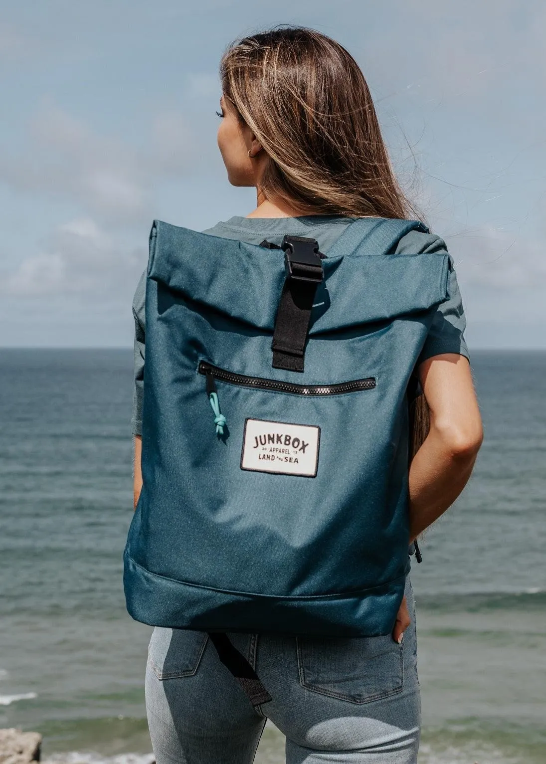 'The Adventurer' Recycled Roll-Top Backpack in Petrol Blue