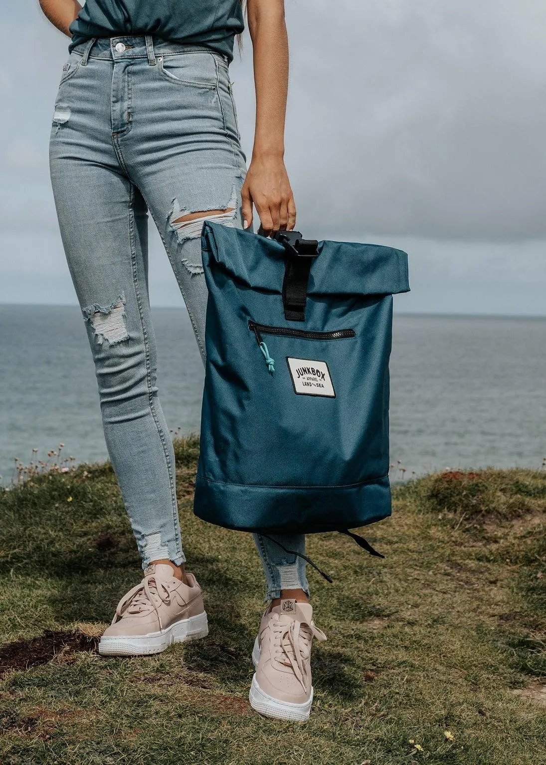 'The Adventurer' Recycled Roll-Top Backpack in Petrol Blue