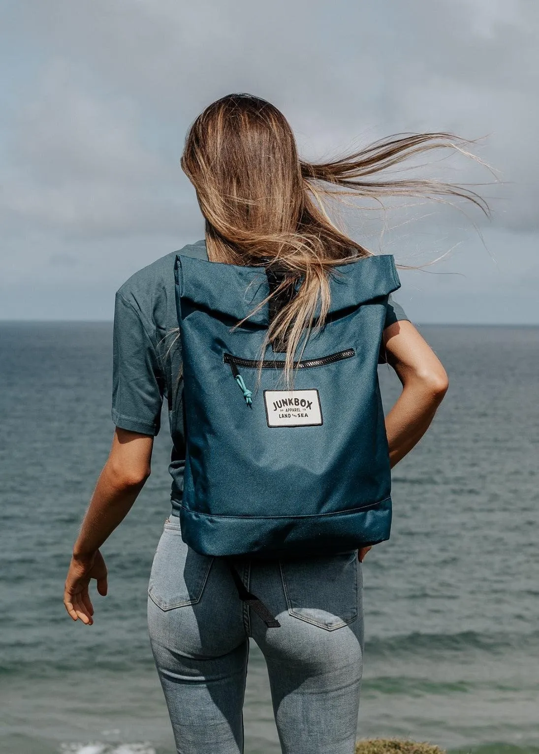 'The Adventurer' Recycled Roll-Top Backpack in Petrol Blue