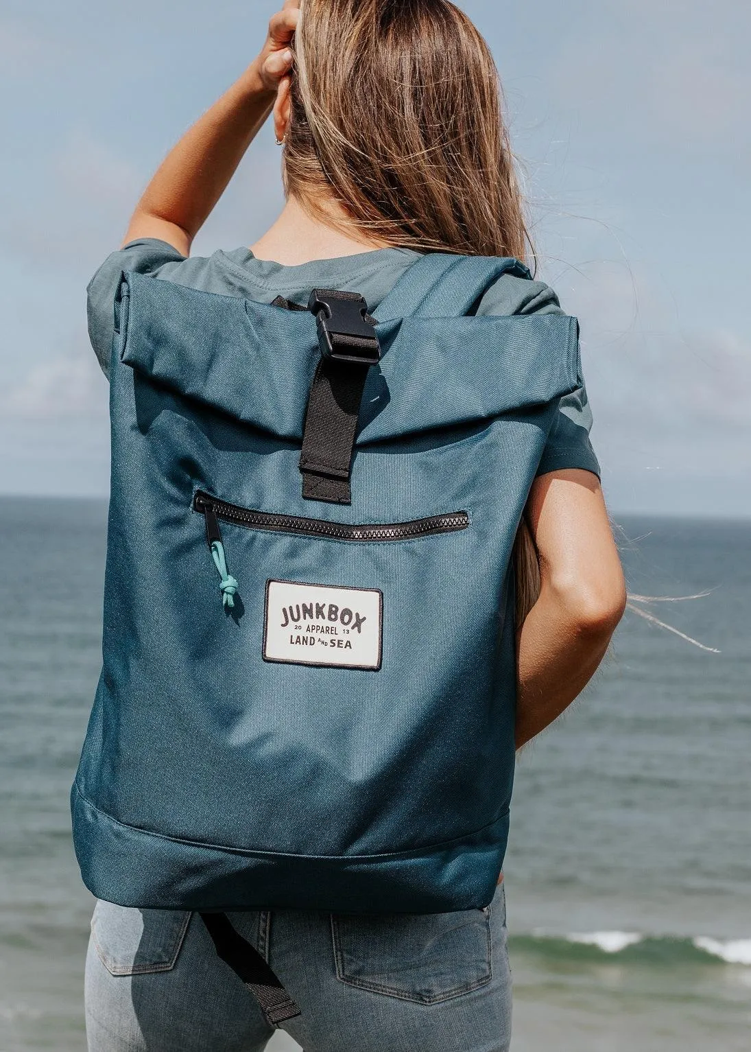 'The Adventurer' Recycled Roll-Top Backpack in Petrol Blue
