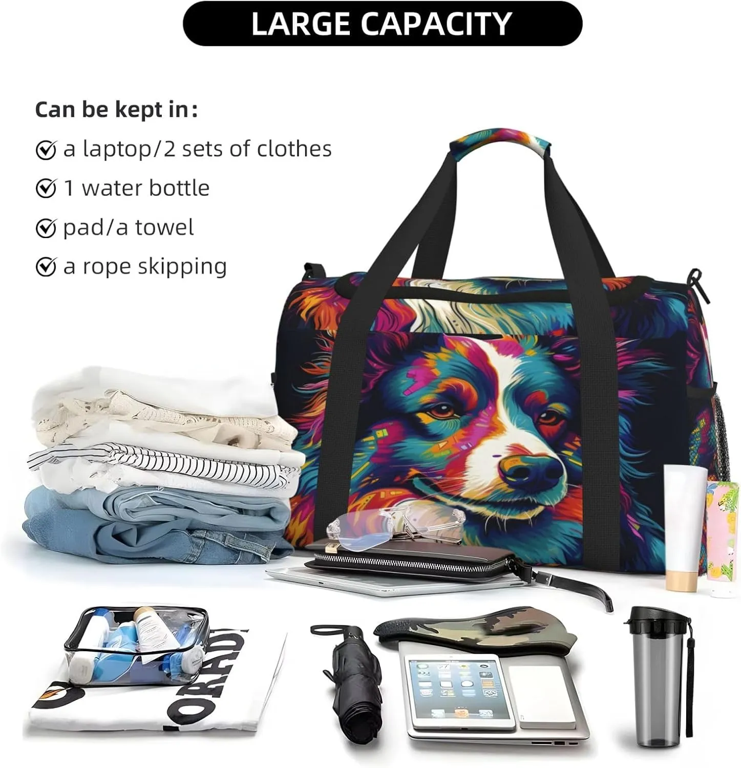 Travel Duffel Bag For Men Women, Colorful Dog Art Painting Carry On Sport Gym Bag With Shoulder Strap Lightweight Waterproof Weekender Bag Overnight Bag