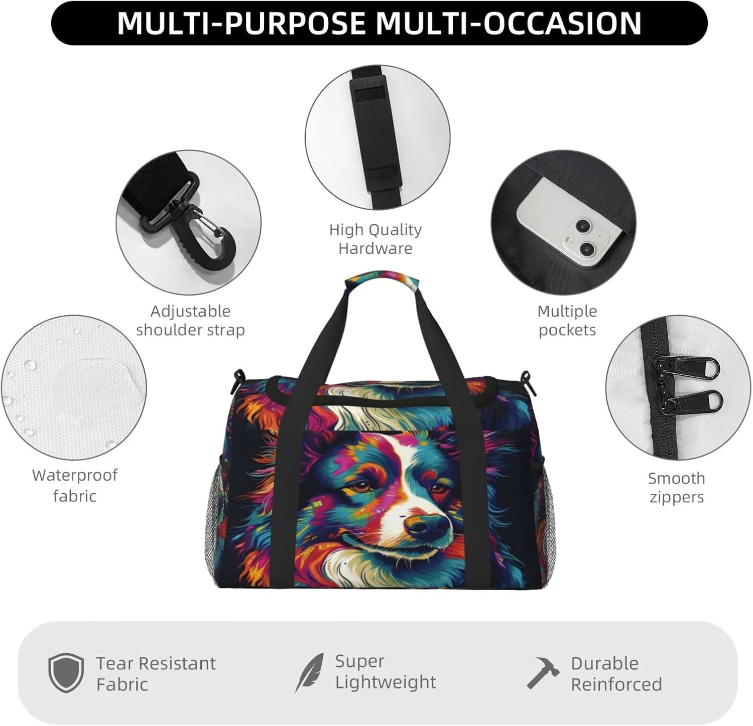 Travel Duffel Bag For Men Women, Colorful Dog Art Painting Carry On Sport Gym Bag With Shoulder Strap Lightweight Waterproof Weekender Bag Overnight Bag