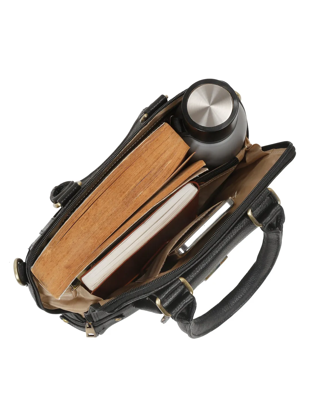 Women Leather Black Structured Handheld Bag