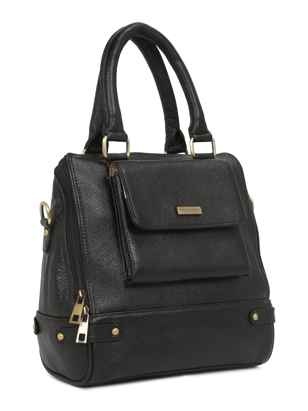 Women Leather Black Structured Handheld Bag