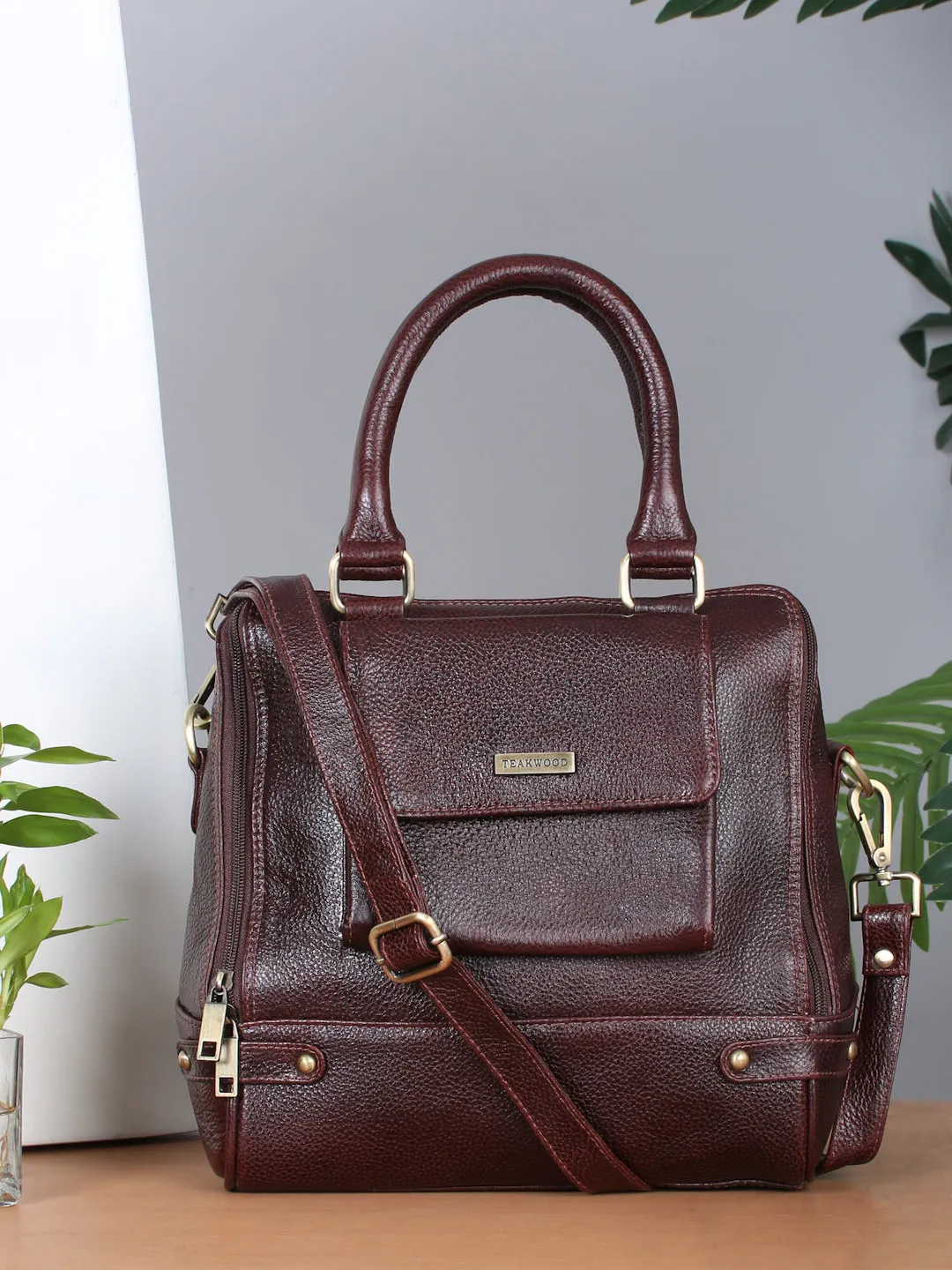 Women Leather Brown Structured Handheld Bag