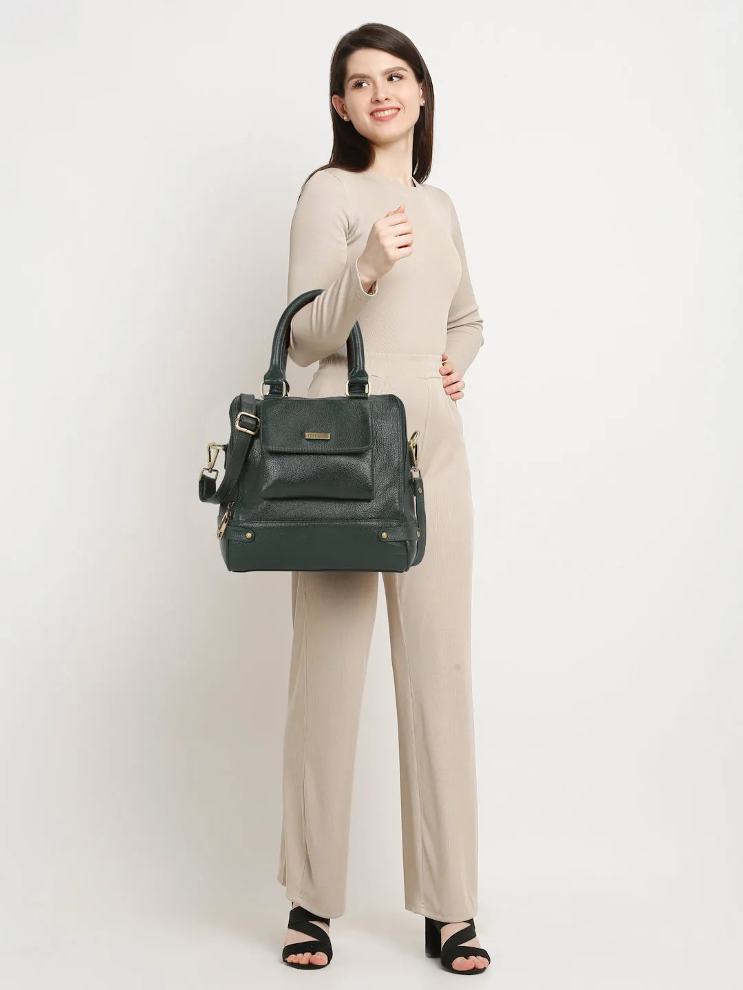 Women Leather Green Structured Handheld Bag