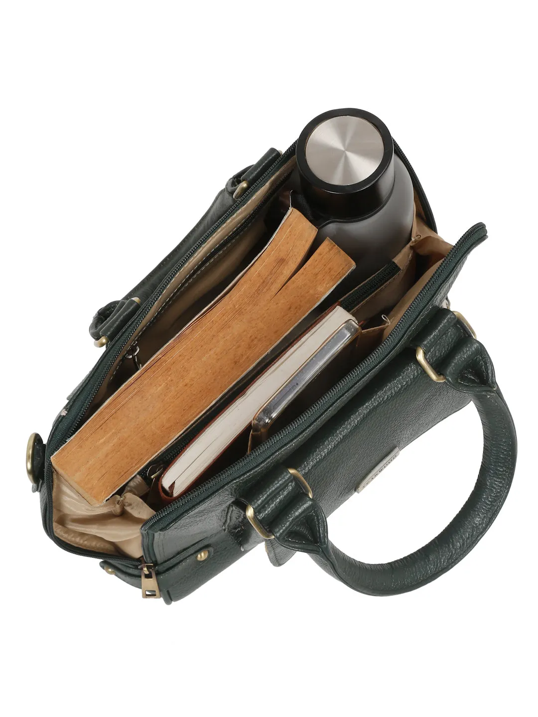Women Leather Green Structured Handheld Bag